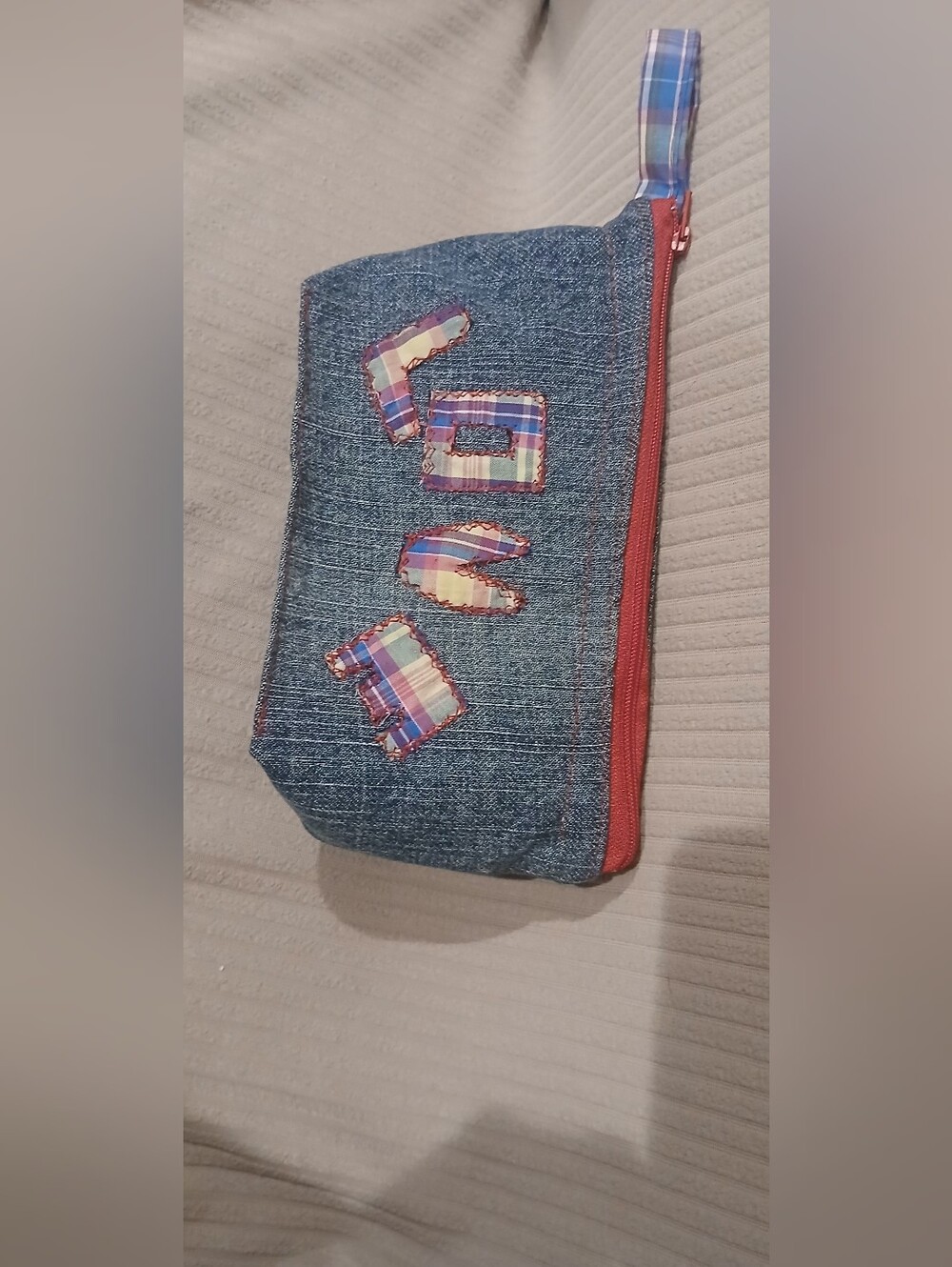 Women's Blue Denim Jeans with Multicolor Plaid Appliqué Mini bag